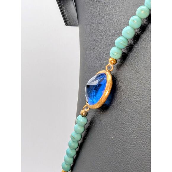 Dyed Howlite Sapphire Glass Gold Tone Bezel Set Tassel Slip Over 28" Necklace - Picture 6 of 9